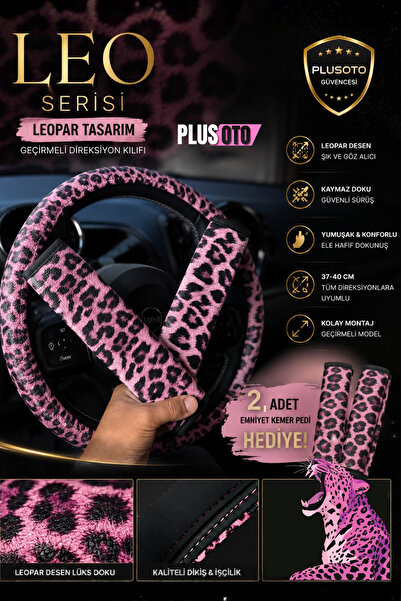 PlusOto Geçmeli Pembe Leopar Direksiyon Kılıfı Universal 37-40 CM + 2'li Emni...