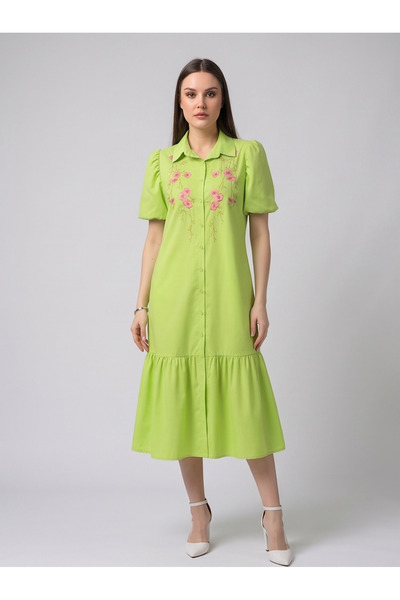 gökçesu Women's Floral Embroidered Shirt Collar Buttoned Midi Length Ruffle D...