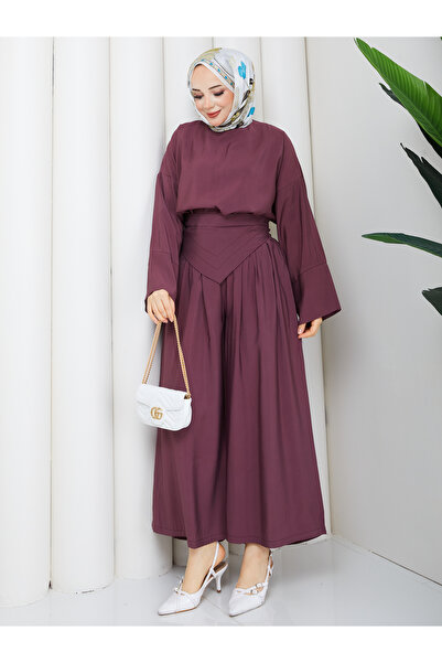ELAY Fashion Kadın Bordo Kemer Detaylı Bluz Pantolon İkili Takım