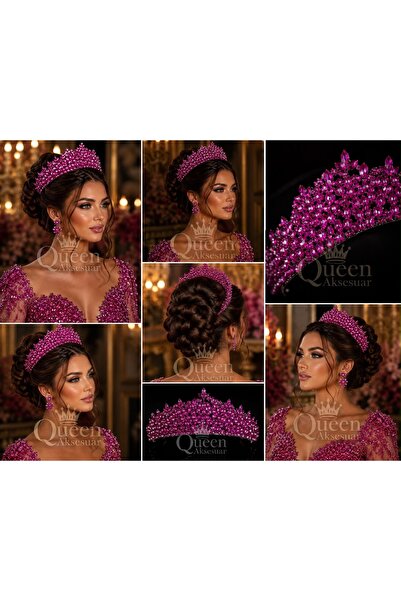 QUEEN AKSESUAR Royal Crown Thesa Fuchsia Pink Crystal Stone Luxury Design Eng...