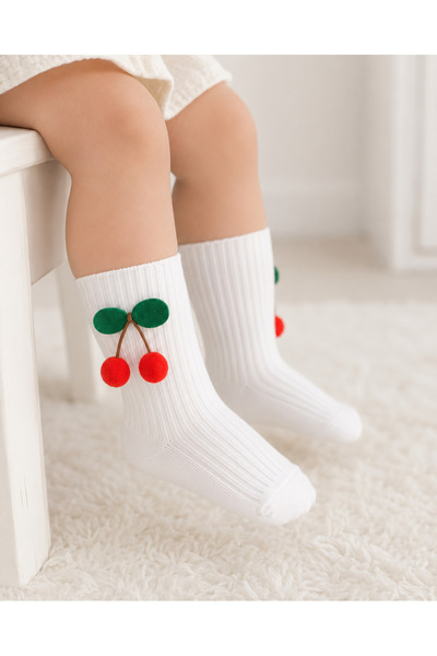 ESES BEBE Baby Girl Cherry Pompom Cotton Knee Socks 0-5 Years Special Day