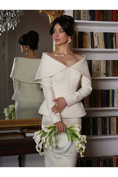 Tarf fashion Elegant Pearl Off-White Dress