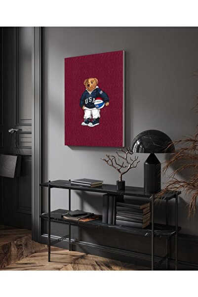 gurbaart Teddy Bear Bordo Desenli Dekoratif HD Dijital Baskı Dikey Kanvas Tablo