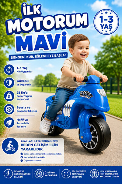 welcomein İlk Motorum Mavi İtmeli Denge Motoru 24 Ay+ Çocuk Binmeli Oyuncak M...