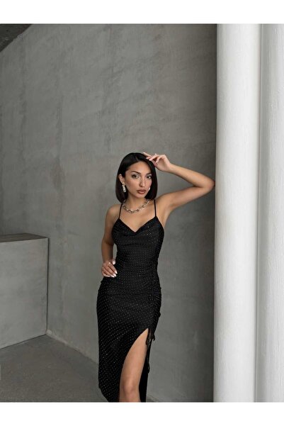 Andress Boutique Rochie midi Aria, neagră cu cristale negre