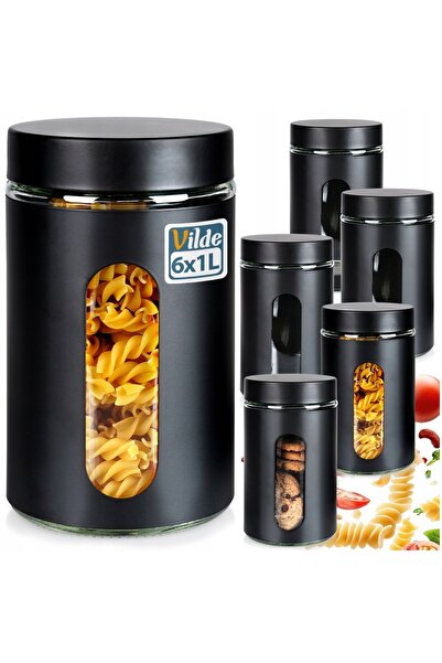 Vilde 6x Recipient de sticlă negru, de bucătărie, pentru alimente și produse ...
