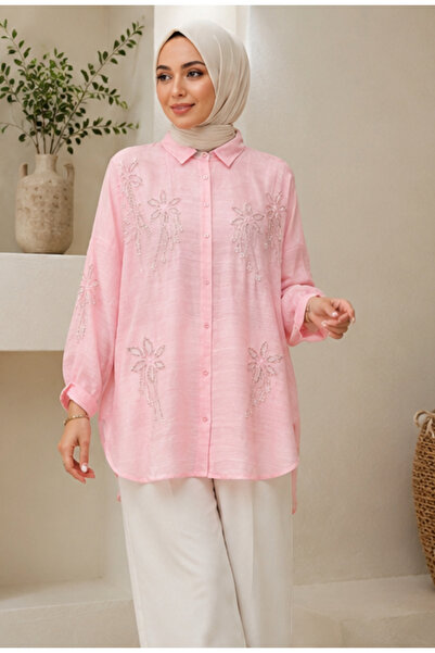 Saloon Taş Ve Nakış İşlemeli Siyah Keten Oversize Gömlek