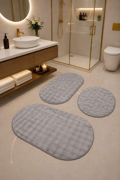 Lionhome Bubble Embossed Bath Rug Washable Color Gray Set of 3 Non-Slip Base Without Fringe 60X60(Round) 50X80(Oval) 60X100(Oval)
