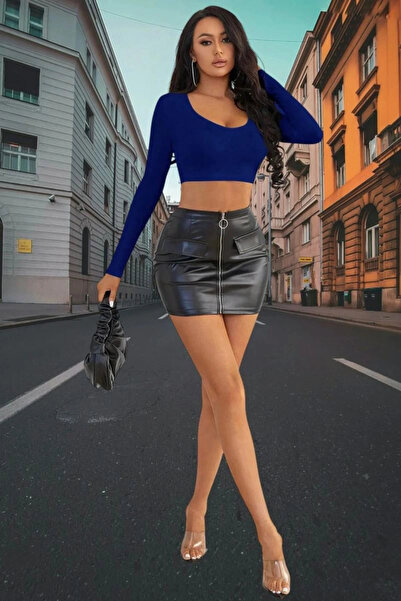 mtm My The Mall Clothing Blue Deep U Neck Crop Top Long Sleeve Slim Fit Women...