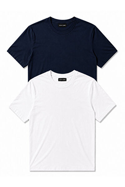 MİLANDORE Set of 2 Men's White-Navy Blue Cotton Slim Fit Crew Neck Basic T-Sh...