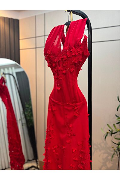 NUHAIRa Rose Flower Evening Dress with Chiffon Shawl
