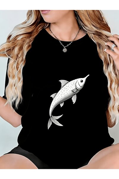 01THEONE Black Women'S T-Shirt Featuring a White Fish Design, Comfortable Cre...