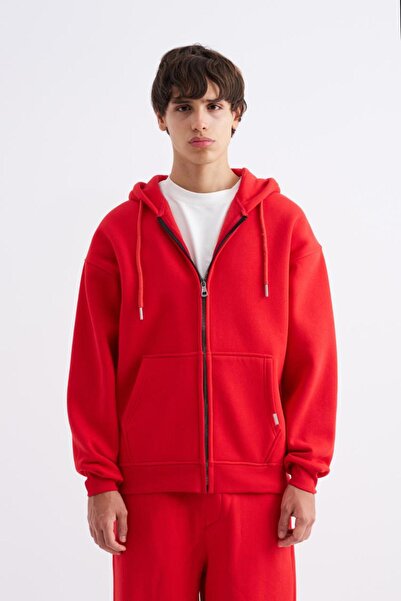 Machinist Men's Oversize Zippered Pocket Hooded Basic Sweatshirt Red