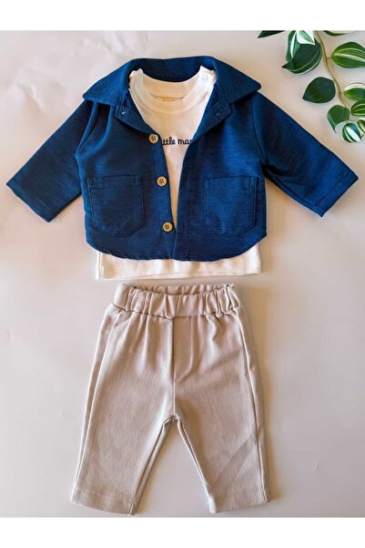 KapsülBebek 3-Piece Baby Boy Set with Velvet Jacket - 100% Cotton