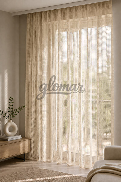 GLOMAR Knitted Mesh Beige Tulle Curtain Heavy Weight Non-Pleated Extra Thick ...