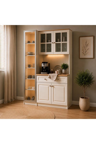 Lento Mobilya Destan Kahve Köşesi Dolabı %100 MDF Boyalı Kapaklı Led Işıklı C...