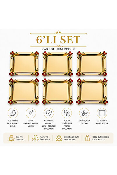 Turkco Luxury Floral Motif Gold Square Presentation Tray 22X22 cm Promise Eng...