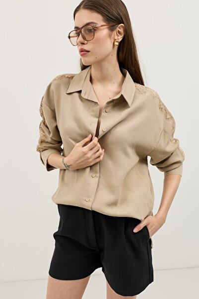 Antioch Beige Sleeve Lace Embroidered Women's Shirt