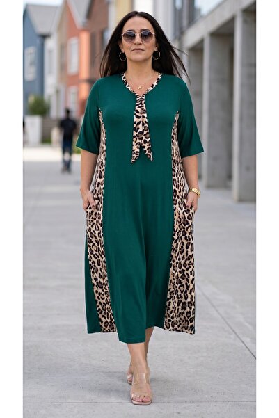 yagmurberen Leopard Printed Pocketed Full Lycra V-Neck Plus Size Cotton Visco...