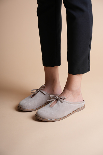 ANALİN SHOES Women's Genuine Leather Flat Slippers with Bow Detail