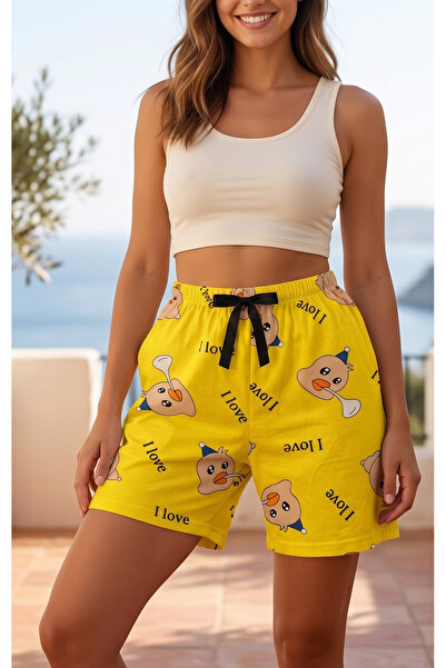 Pijahane Kadın Sarı Ördek Desenli Pijama Şortu Rahat Kesim Lastikli Yazlık Ev...