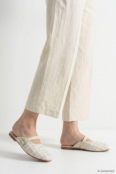 Rays Cream Slippers with Plaid Pattern 205