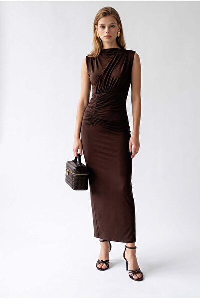 Mixray 2181 Women's Degaje Collar Gathered Waist Slit Long Dress Brown