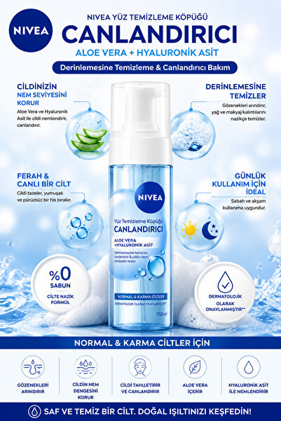 NIVEA Canlandırıcı Yüz Temizleme Köpüğü 150 ml | Aloe Vera & Hyaluronik Asit ...