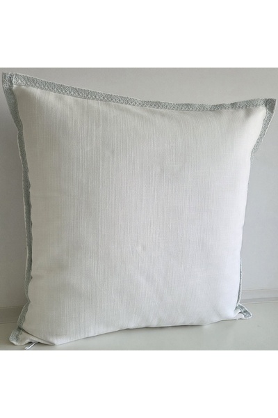 Fabric by Gülçin Keten Pamuklu Düz Beyaz Renk Mint Yeşili Dantel Biyeli Yastı...
