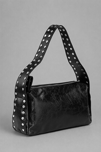 Housebags Black Shiny Vintage Textured Studded Hand and Shoulder Bag 295