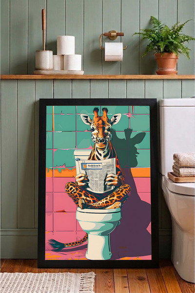 Eğlenceli Zürafa Banyo Çerçeveli Tablo - Komik Tuvalet WC Duvar Dekoru