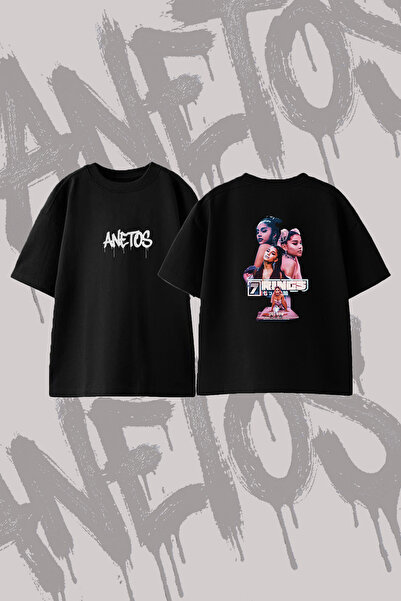 Anetos Ariana Grande 7 Rings Design Back Printed Cotton Black Oversize T-Shirt
