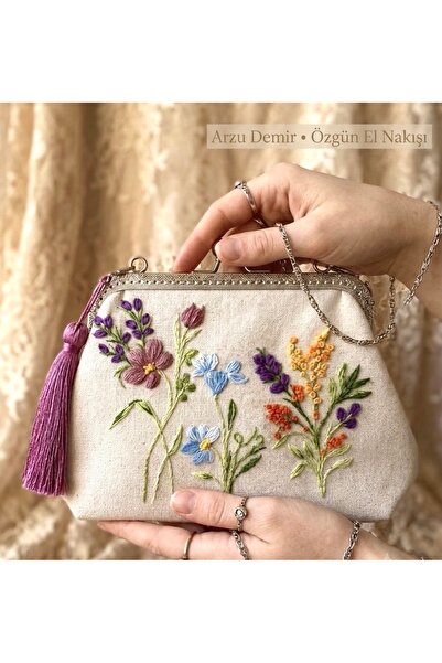 Arzu Demir %100 El Nakışı İşlemeli Vintage Keten Çanta .Kır çiçek Temalı .25×...