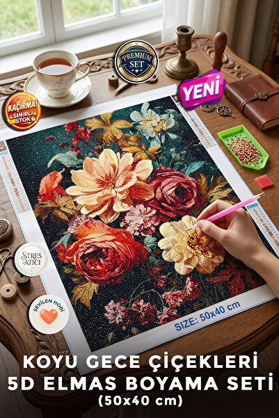 Haneliya Koyu Gece Çiçekleri - 5D Diamond Painting - Elmas Mozaik Tablo Boyam...