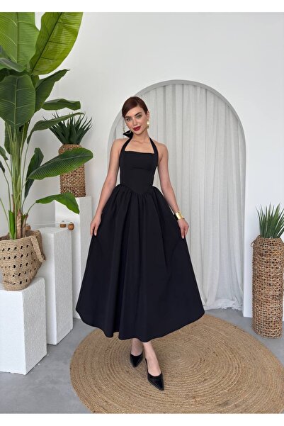 YURELİ Korsaj Detaylı Halter Yaka Prenses Poplin Maxi Elbise