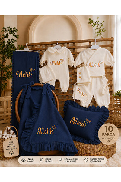 Moda Lime İsme Özel 10 Parça Müslin Hastane Çıkışı Seti - Taç baskılı Laciver...