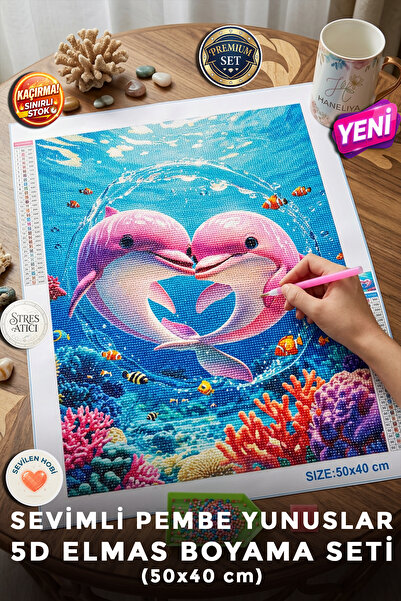 Haneliya Sevimli Pembe Yunuslar - 5D Diamond Painting - Elmas Mozaik Tablo Bo...