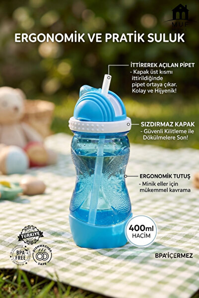MUF HOME 400 ml Pipetli Çocuk Suluğu - Pratik Kolay Açılır Pipet Sistemli Oku...