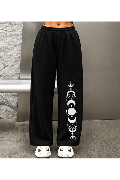 ZAVIXO Women's Wide Leg Moon Phases Printed Sweatpants Black Comfortable Fit
