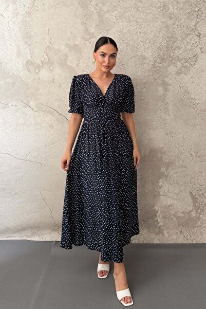 Elbee Fashion Woman فستان أزرق داكن منقط ومزين بالترتر