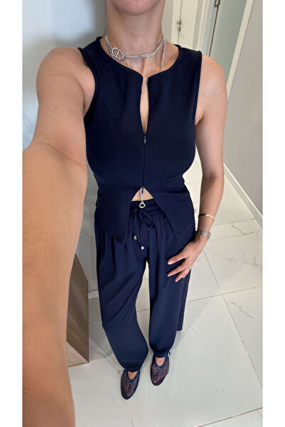 BİRCANÇİL Dlvin Binna Dark Navy Blue Blouse with Zipper Detail