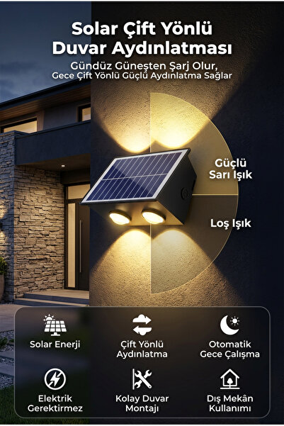 ALFAGİFT Solar LED Duvar Lambası Güneş Enerjili Otomatik Dış Mekân Bahçe Aydı...