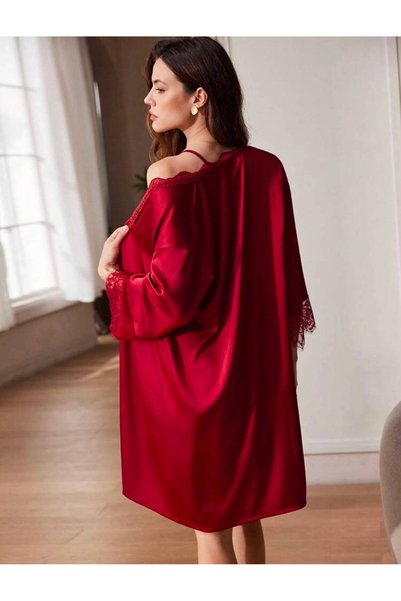Jermo Women's Satin Degaje Lace-Detail Nightgown and Dressing Gown Set