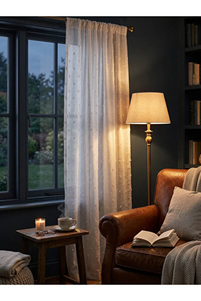 Leo Boutique Curtain Keten Ponponlu Tül Perde Rod Pocket Rustik Ekru Özel Ölçü