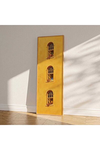 woodhomeworks Tek Parça Gerçek Ahşap dikey sarı duvar Panorama Çerçeveli Tablo