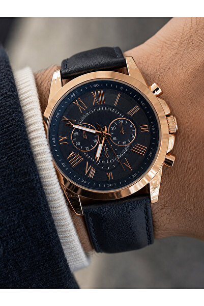 Weluxa Men's Wristwatch Rose Gold Color Navy Blue Leather Strap Casual & Clas...