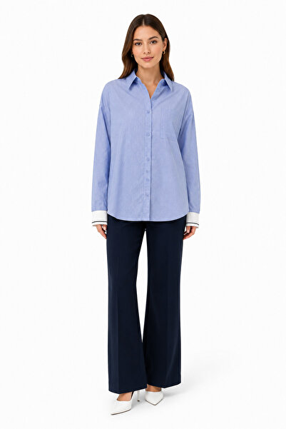 Neden Tekstil Women's Blue Long Sleeve Shirt Classic Collar