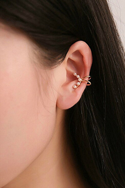 VeeShop Minimal ear cuff earring, crescent moon with 5 small pearls