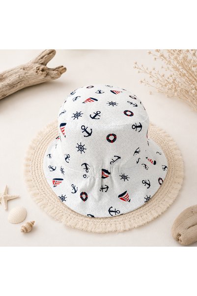Minimissbaby White Sailor Patterned Poplin Fabric Baby Boy Bucket Hat