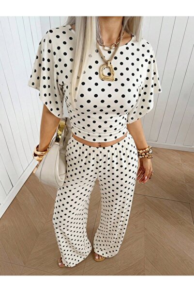 WEEST MODA Women's Polka Dot Two-Piece Set Crop Blouse Wide-Leg Pants Comfort...